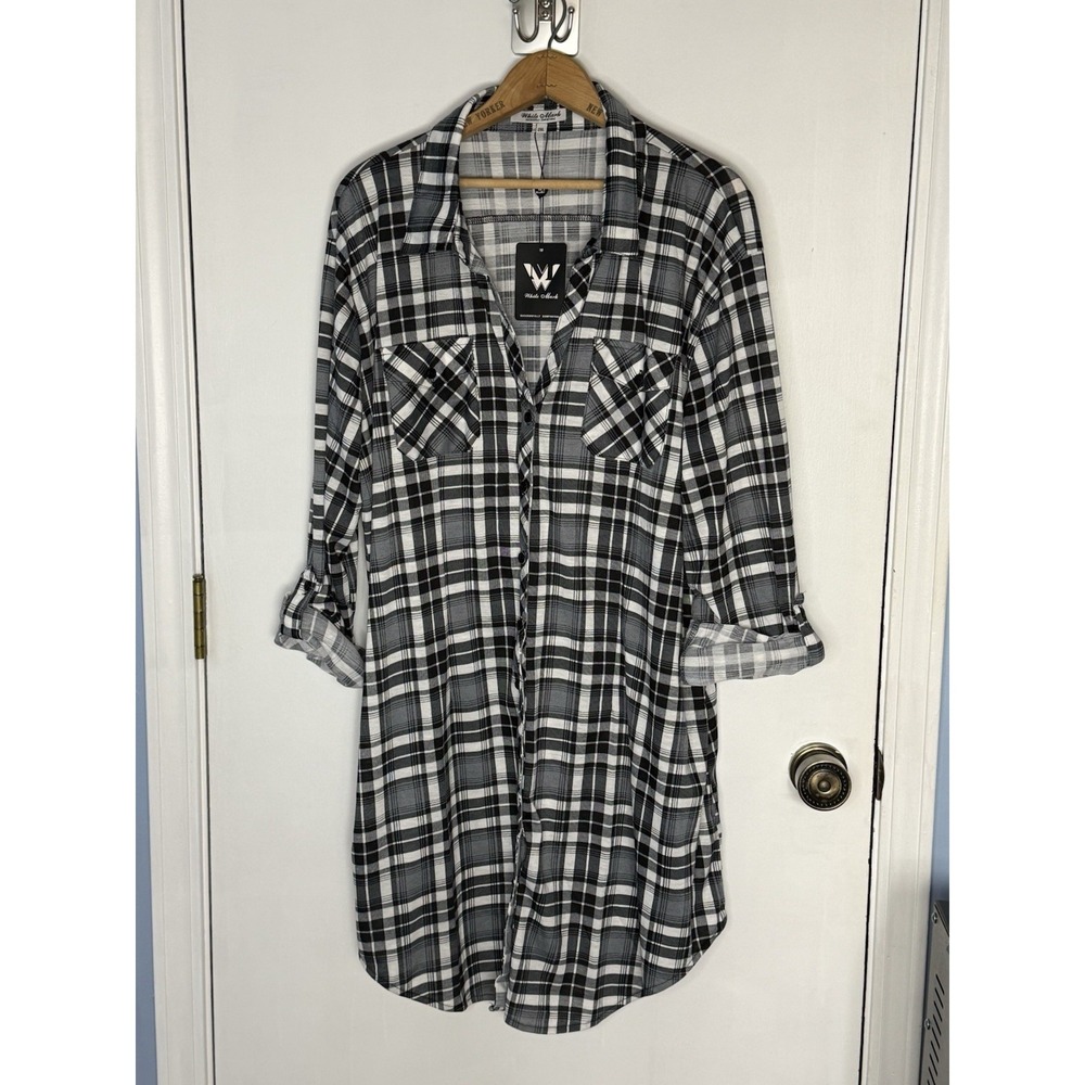 White Mark Shirt Dress 2XL Black & White Plaid Pockets ButtonUp Lightweight  NWT